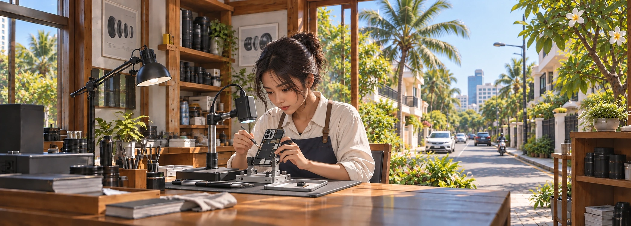 រូបភាពត្រួតពិនិត្យម៉ូឌុលកាមេរ៉ាស្មាតហ្វូនជាមួយផ្ទៃខាងក្រោយផ្លូវ ភ្នំពេញ